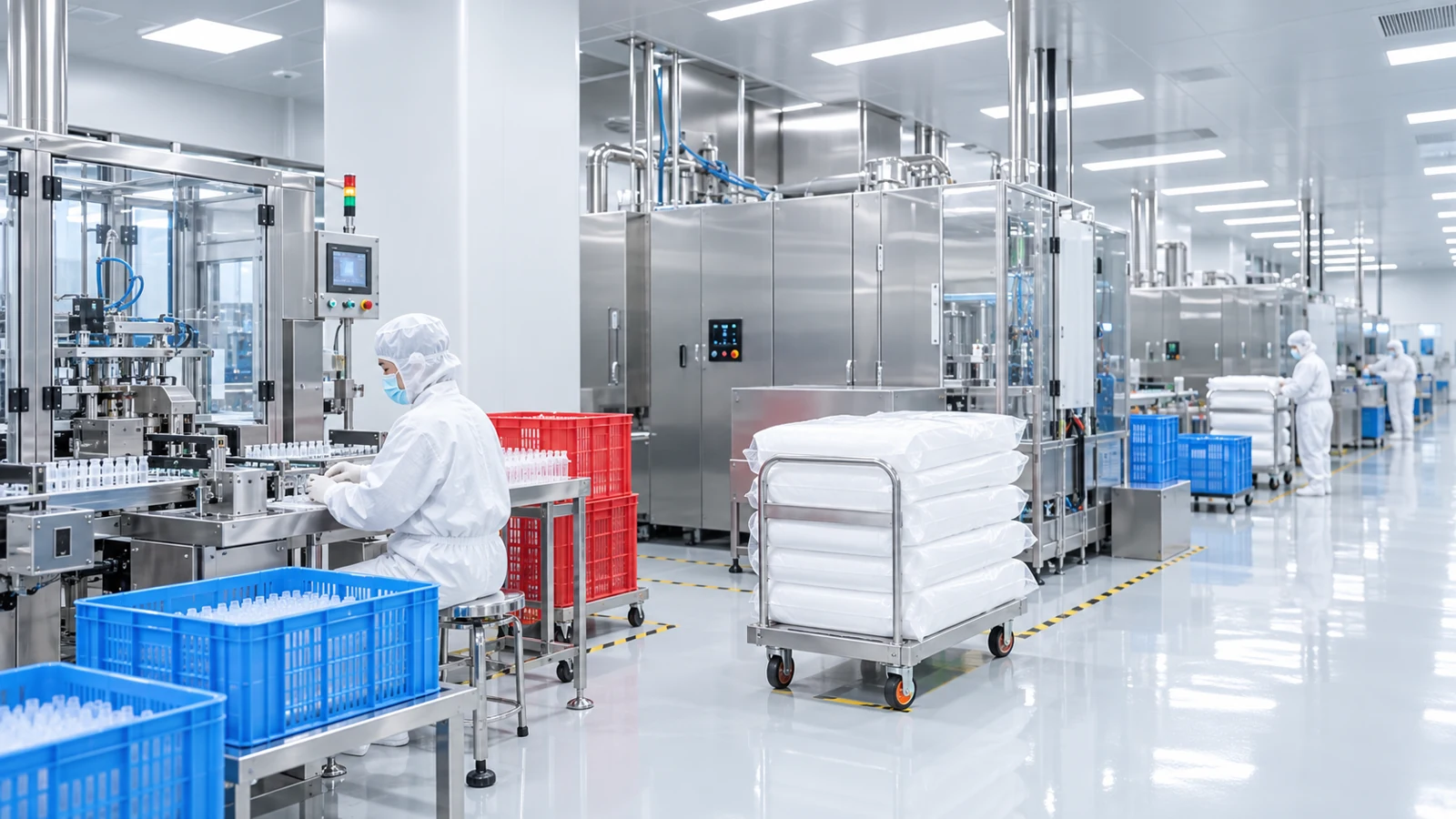 Production hall with stainless equipment, operators and material containers