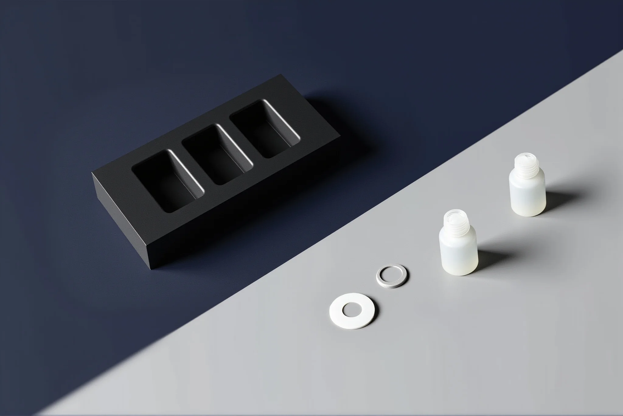 Conceptual mould cavities beside preformed bottles and loose closure parts