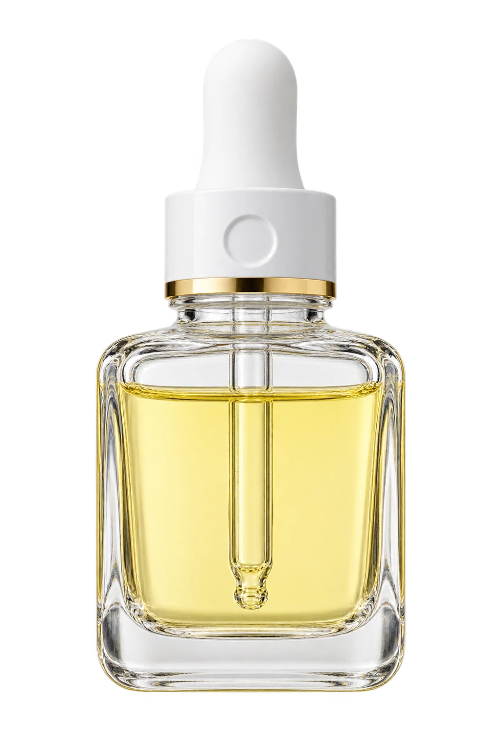 Generated packaging-format reference of a short squarish clear glass dropper. Not a photograph and not confirmed stock.