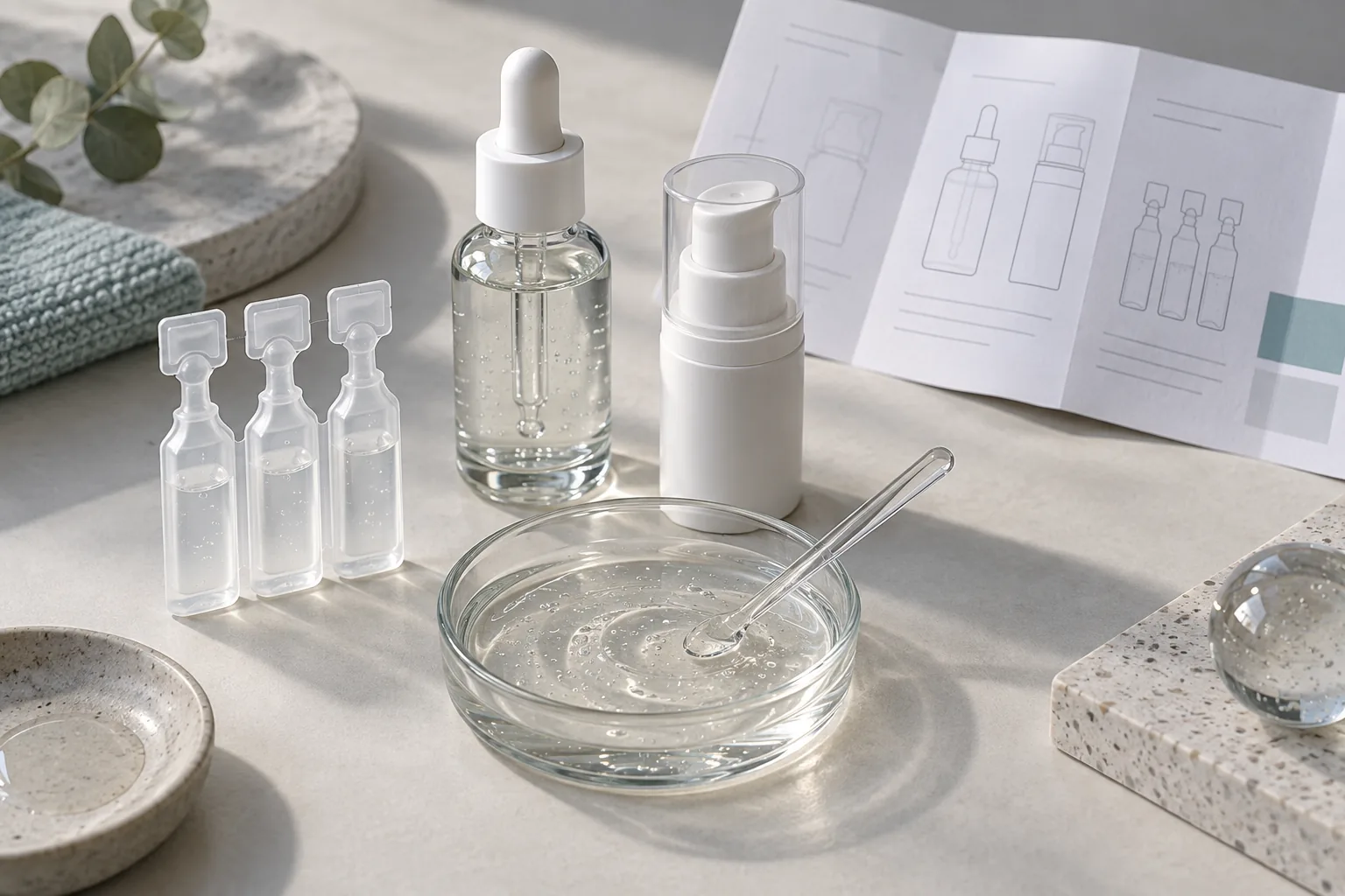 Illustration of a serum sample beside single-dose, dropper and pump packaging