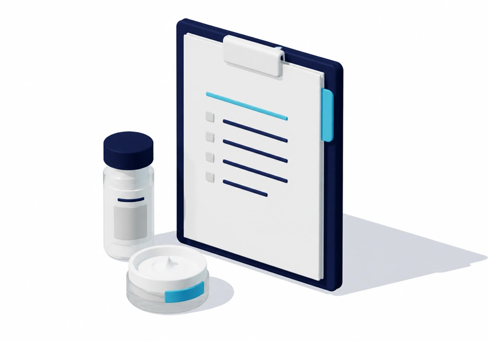 Formula sample and skincare benchmark beside an upright project brief