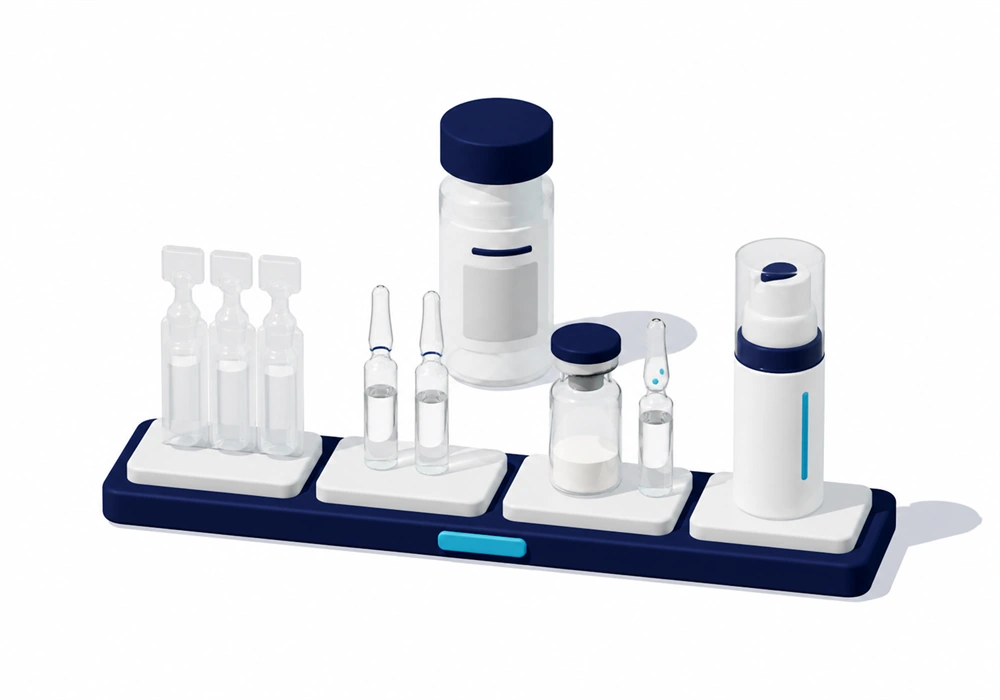BFS, glass, lyophilized and conventional skincare packaging routes arranged for comparison