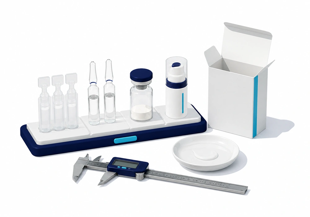 Representative skincare units, retail carton, texture sample and measuring tool arranged for review
