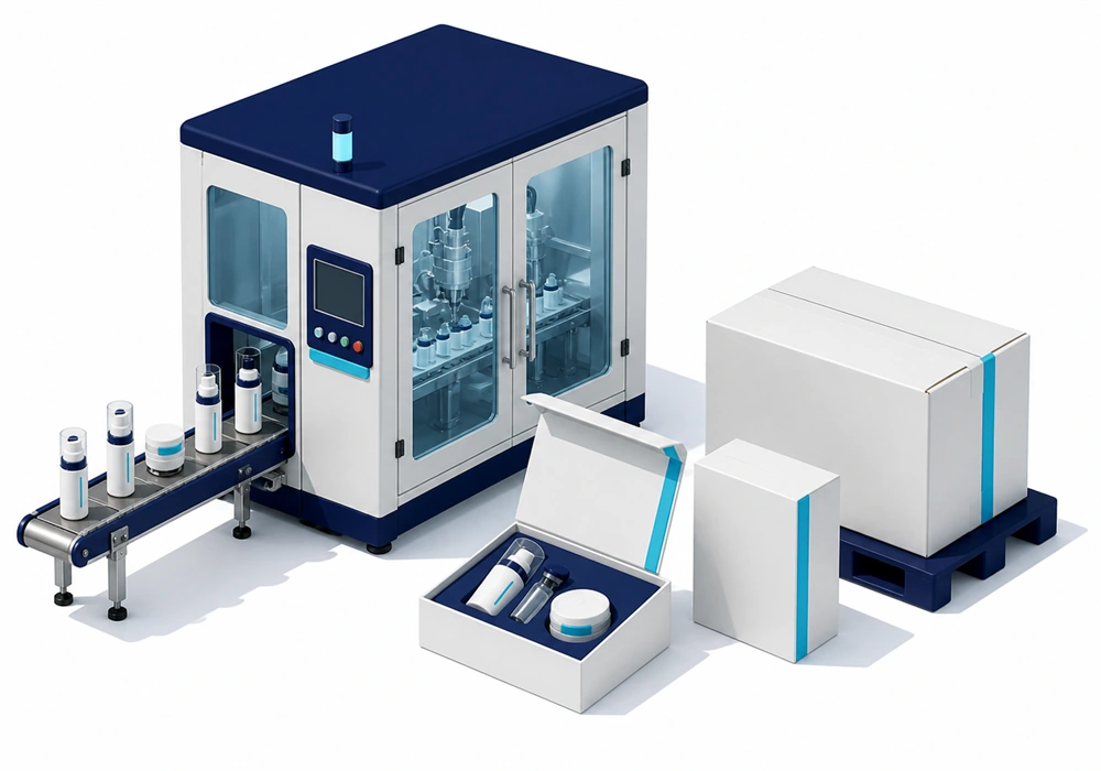 Enclosed manufacturing cell beside finished skincare presentation and shipping packs