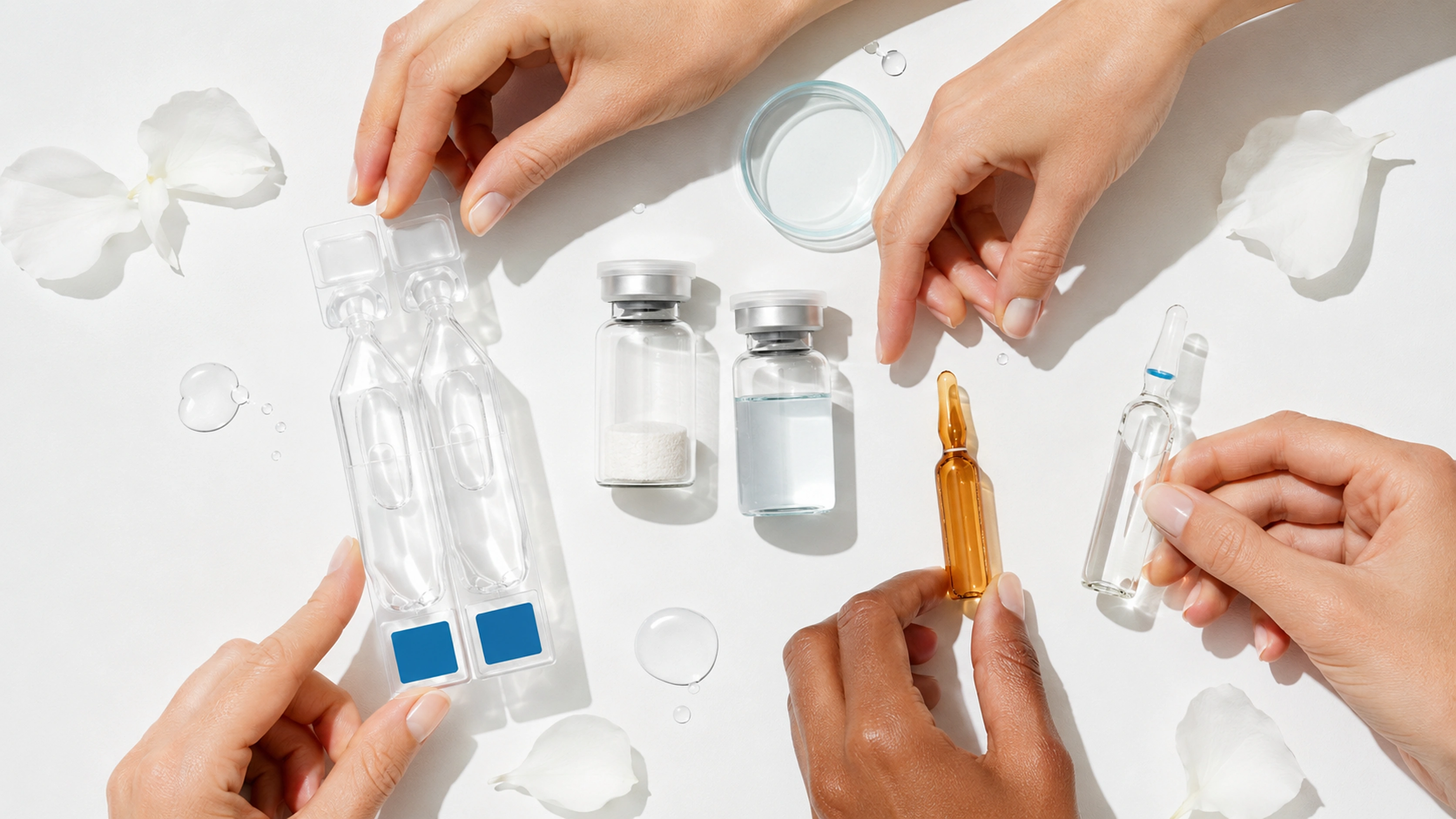 Multi-skin-tone hands surrounding BFS single-dose units, a lyophilized product system and glass ampoules in a bright editorial skincare flat lay
