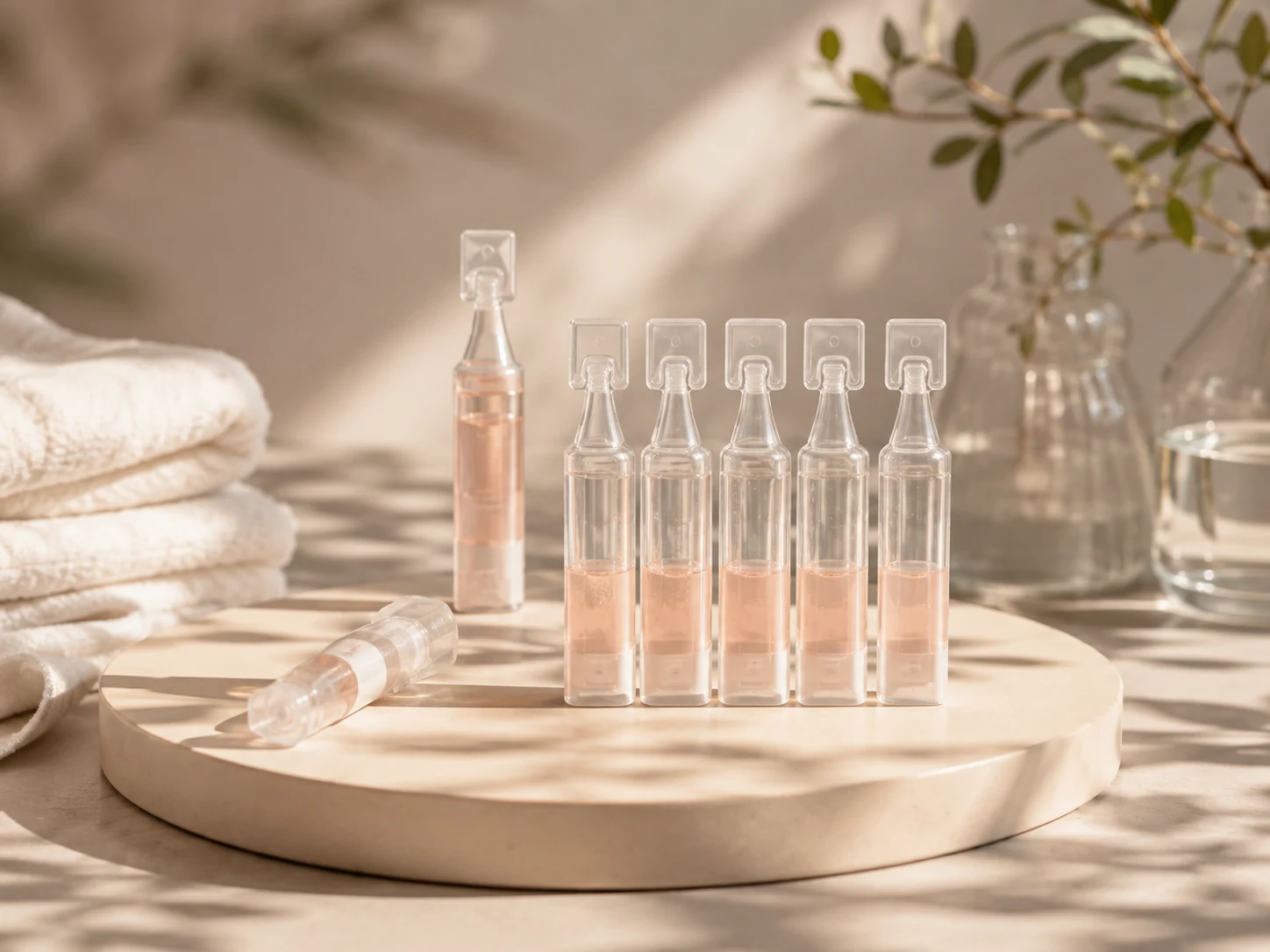 Clear single-dose ampoules with a pale serum standing on a stone tray