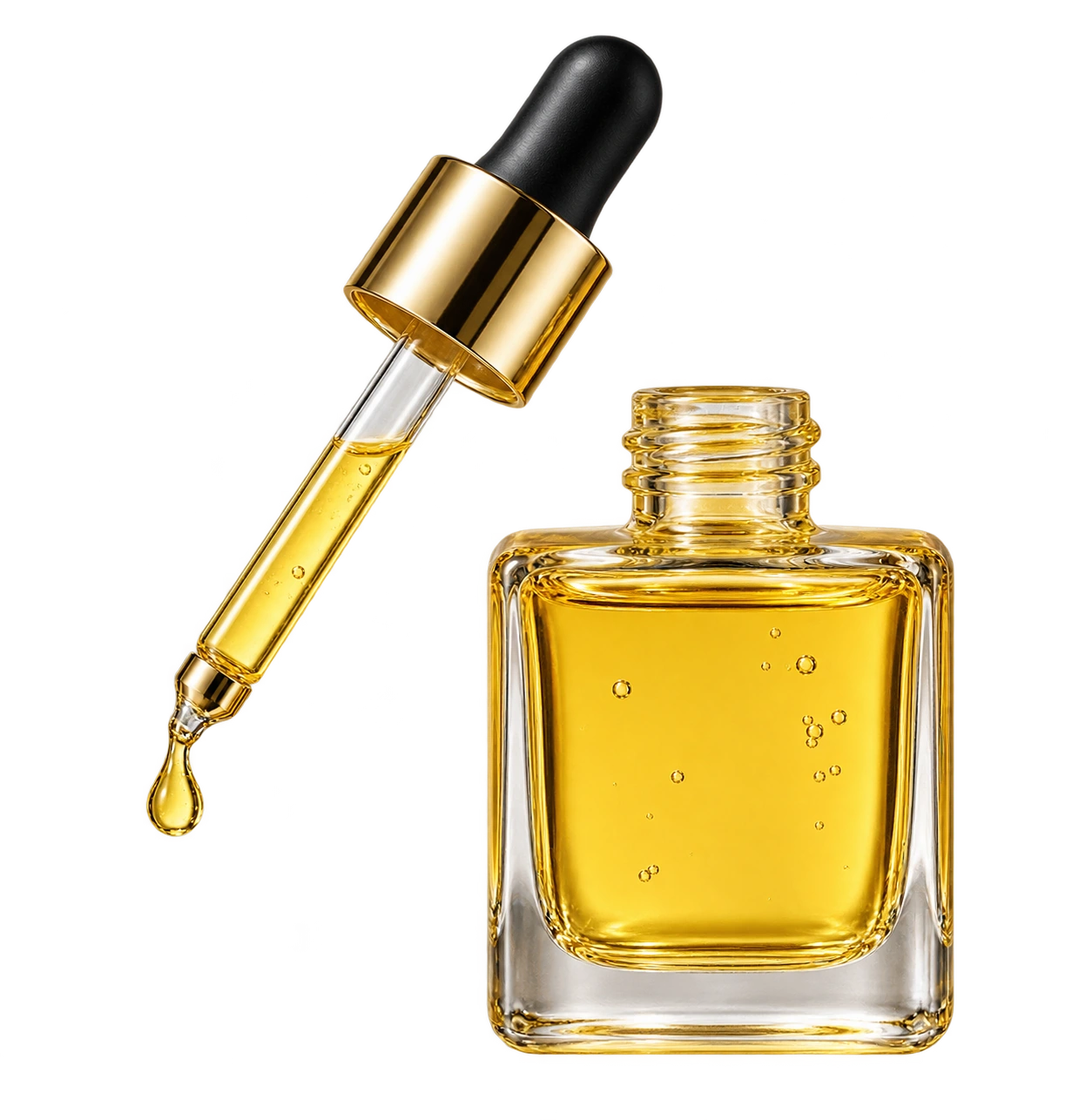 Generated packaging-format reference of an open square essence-oil bottle with a detached pipette. Not a photograph and not confirmed stock.